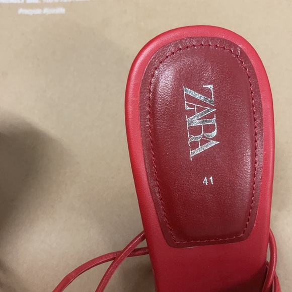 ZARA RED 100% LEATHER HEELED STRAPPY SANDALS - Picture 9 of 11
